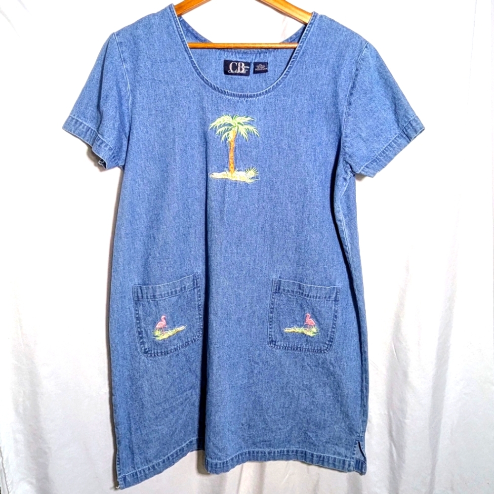 Vntg C.B. Casual Denim Embroidered Palm Tree Flamingo Midi Dress Cotton Sz PL‎